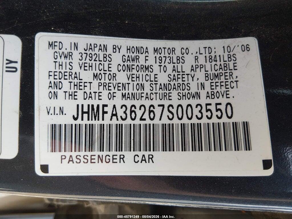 JHMFA36267S003550 2007 HONDA CIVIC HYBRID photo no. 9