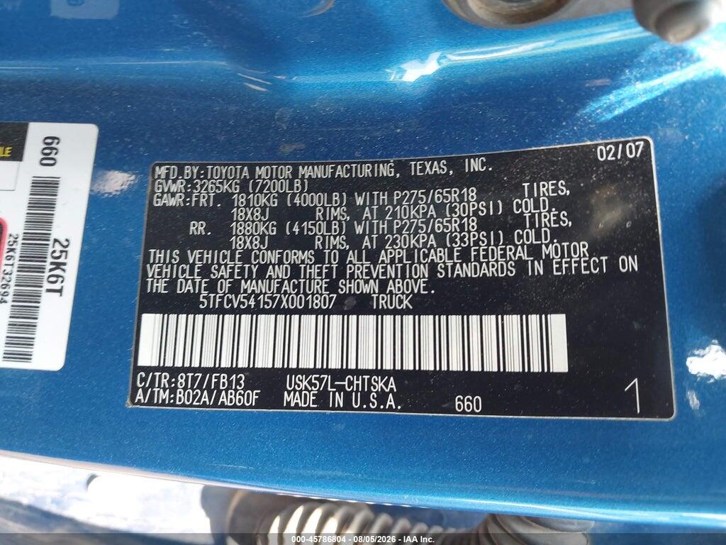 5TFCV54157X001807 2007 TOYOTA TUNDRA photo no. 9