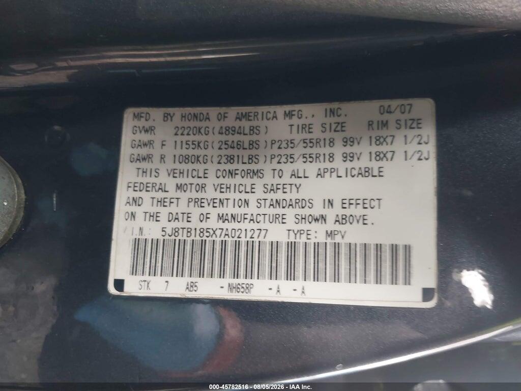 5J8TB185X7A021277 2007 ACURA RDX photo no. 9