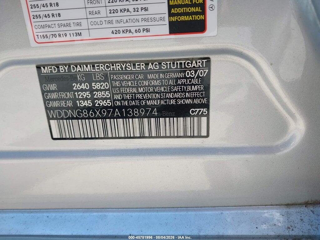 WDDNG86X97A138974 2007 MERCEDES-BENZ S 550 photo no. 9