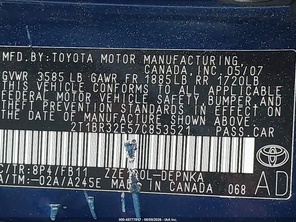 2T1BR32E57C853521 2007 TOYOTA COROLLA photo no. 9