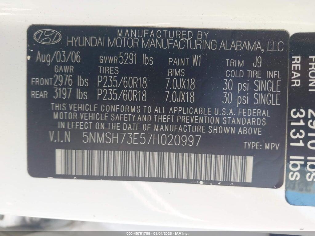 5NMSH73E57H020997 2007 HYUNDAI SANTA FE photo no. 9