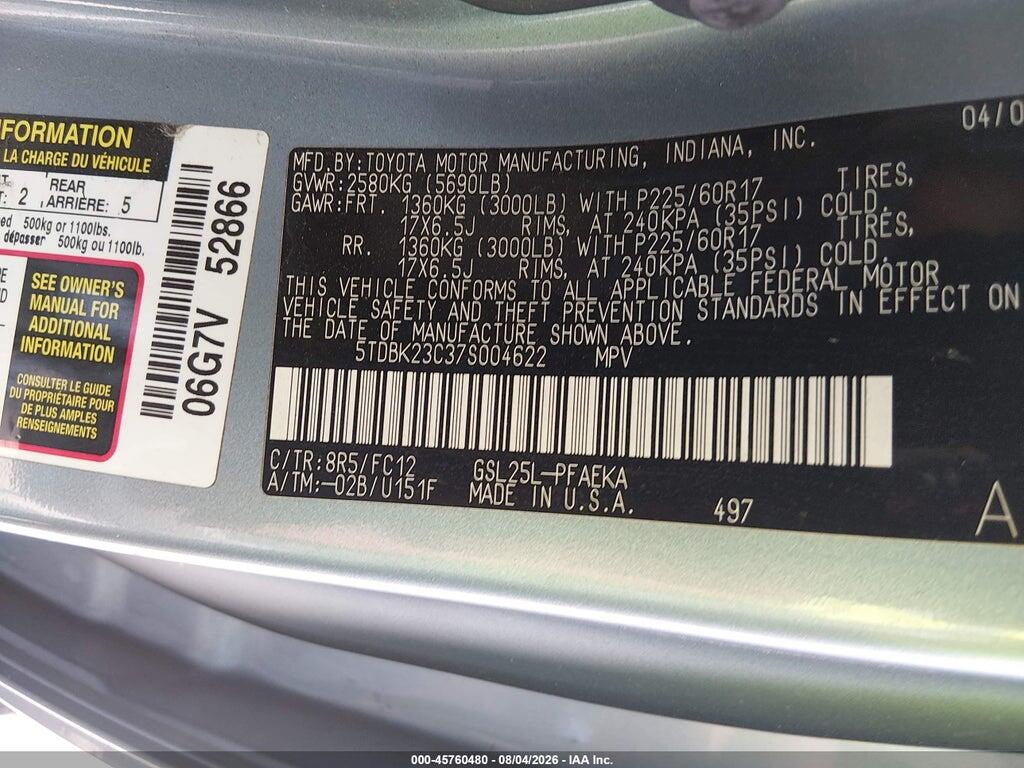 5TDBK23C37S004622 2007 TOYOTA SIENNA photo no. 9