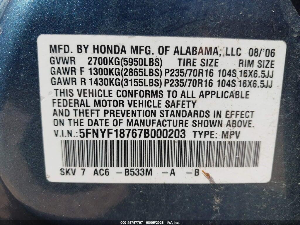 5FNYF18767B000203 2007 HONDA PILOT photo no. 9