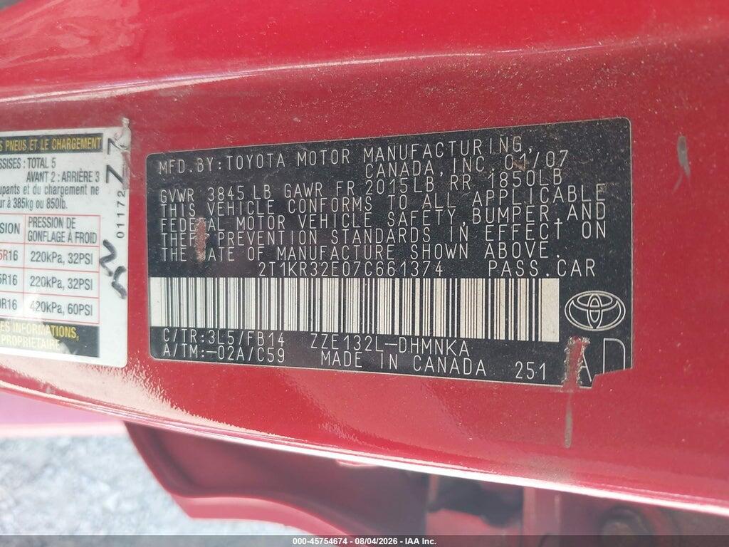 2T1KR32E07C661374 2007 TOYOTA MATRIX photo no. 9