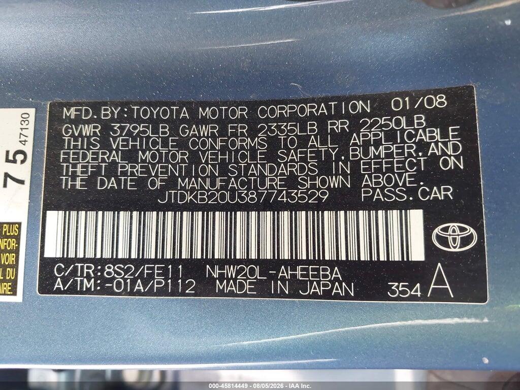 JTDKB20U387743529 2008 TOYOTA PRIUS photo no. 9