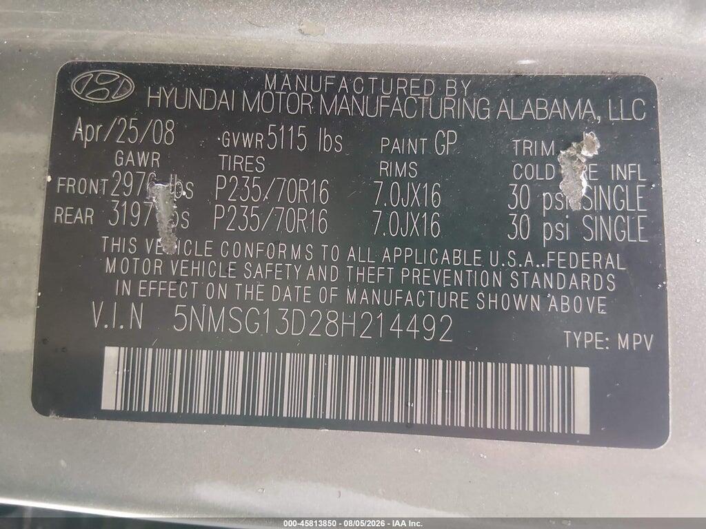 5NMSG13D28H214492 2008 HYUNDAI SANTA FE photo no. 9