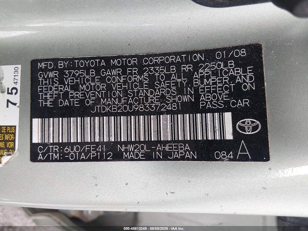 JTDKB20U983372481 2008 TOYOTA PRIUS photo no. 9
