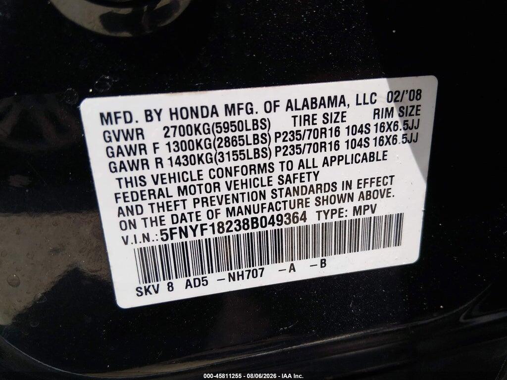 5FNYF18238B049364 2008 HONDA PILOT photo no. 9