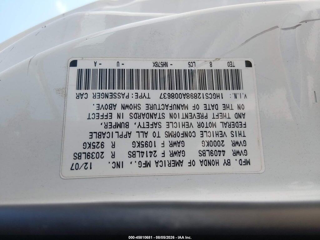1HGCS12898A008637 2008 HONDA ACCORD photo no. 9