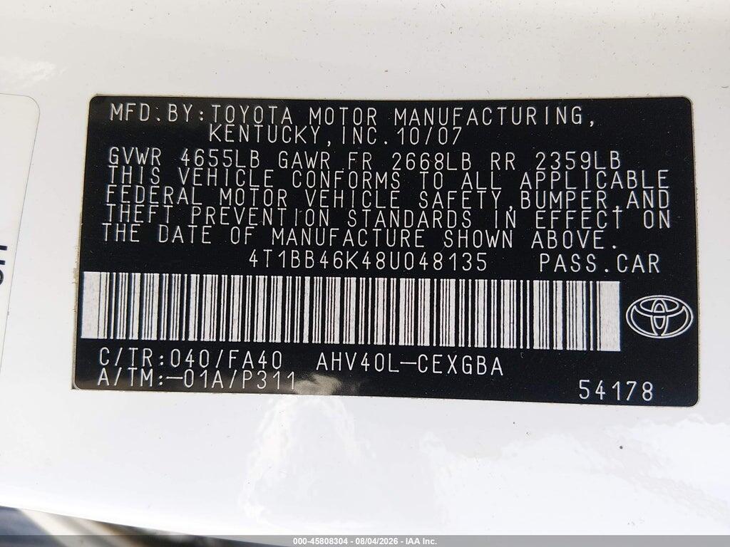 4T1BB46K48U048135 2008 TOYOTA CAMRY HYBRID photo no. 9