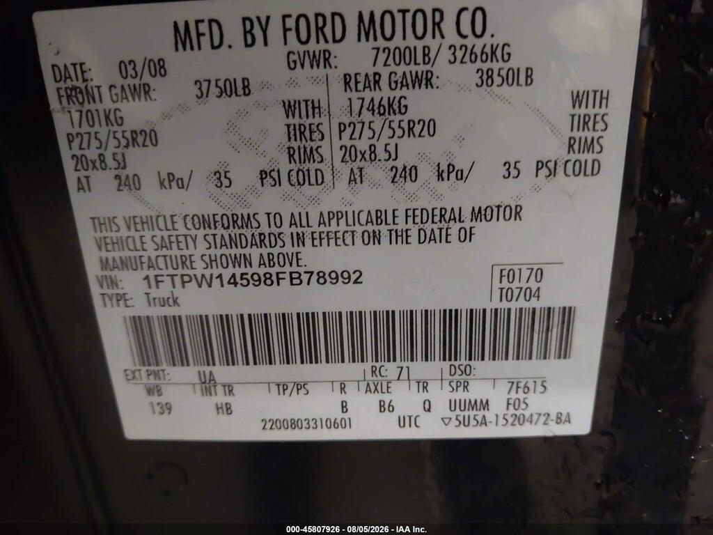 1FTPW14598FB78992 2008 FORD F-150 photo no. 9