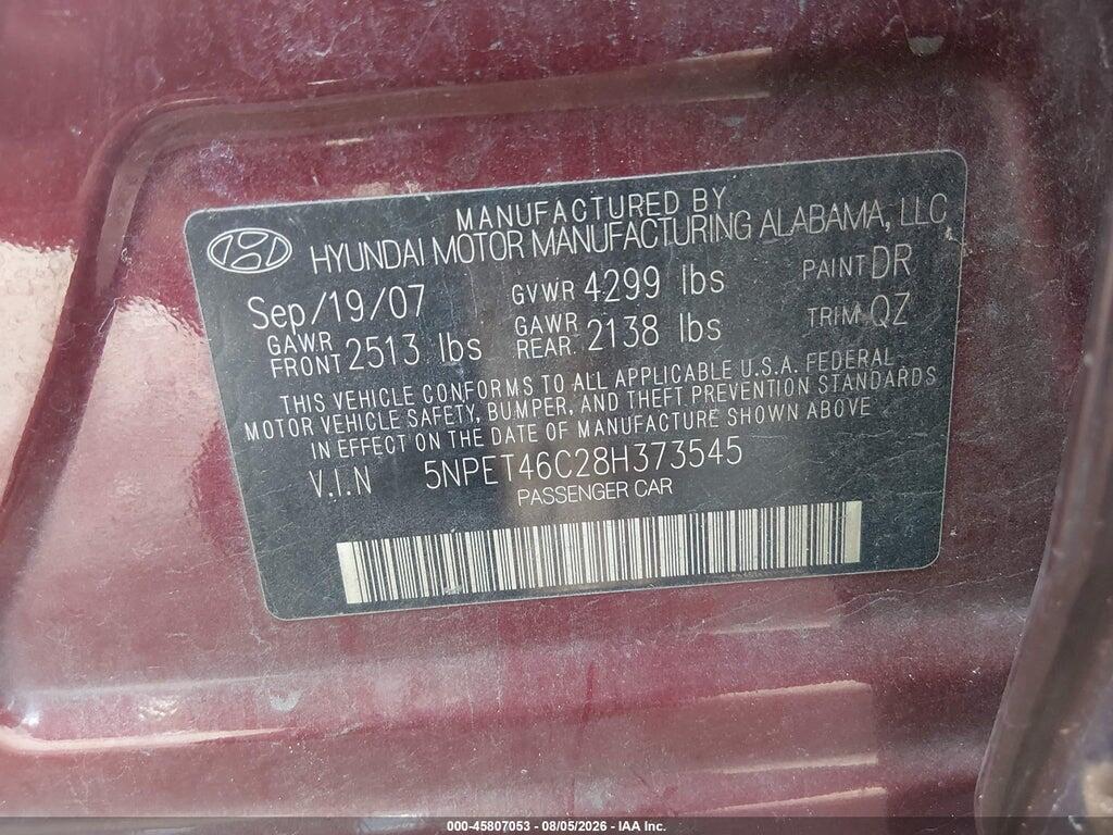 5NPET46C28H373545 2008 HYUNDAI SONATA photo no. 9
