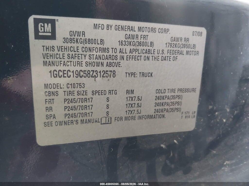 1GCEC19C58Z312578 2008 CHEVROLET SILVERADO 1500 photo no. 9