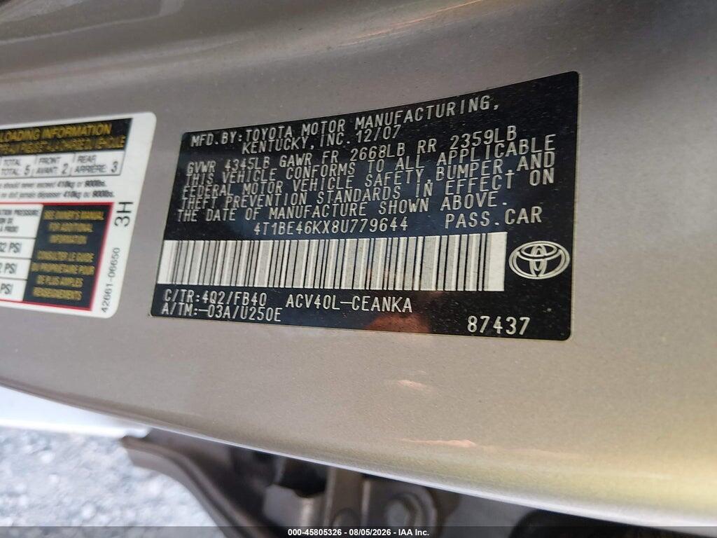 4T1BE46KX8U779644 2008 TOYOTA CAMRY photo no. 9
