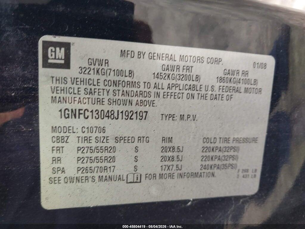 1GNFC13048J192197 2008 CHEVROLET TAHOE photo no. 9
