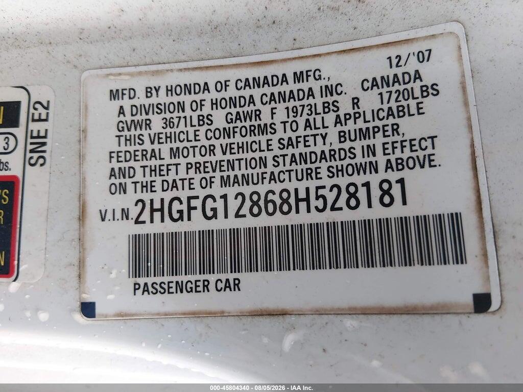 2HGFG12868H528181 2008 HONDA CIVIC photo no. 9