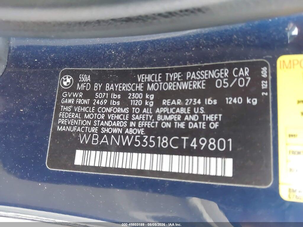 WBANW53518CT49801 2008 BMW 550I photo no. 9