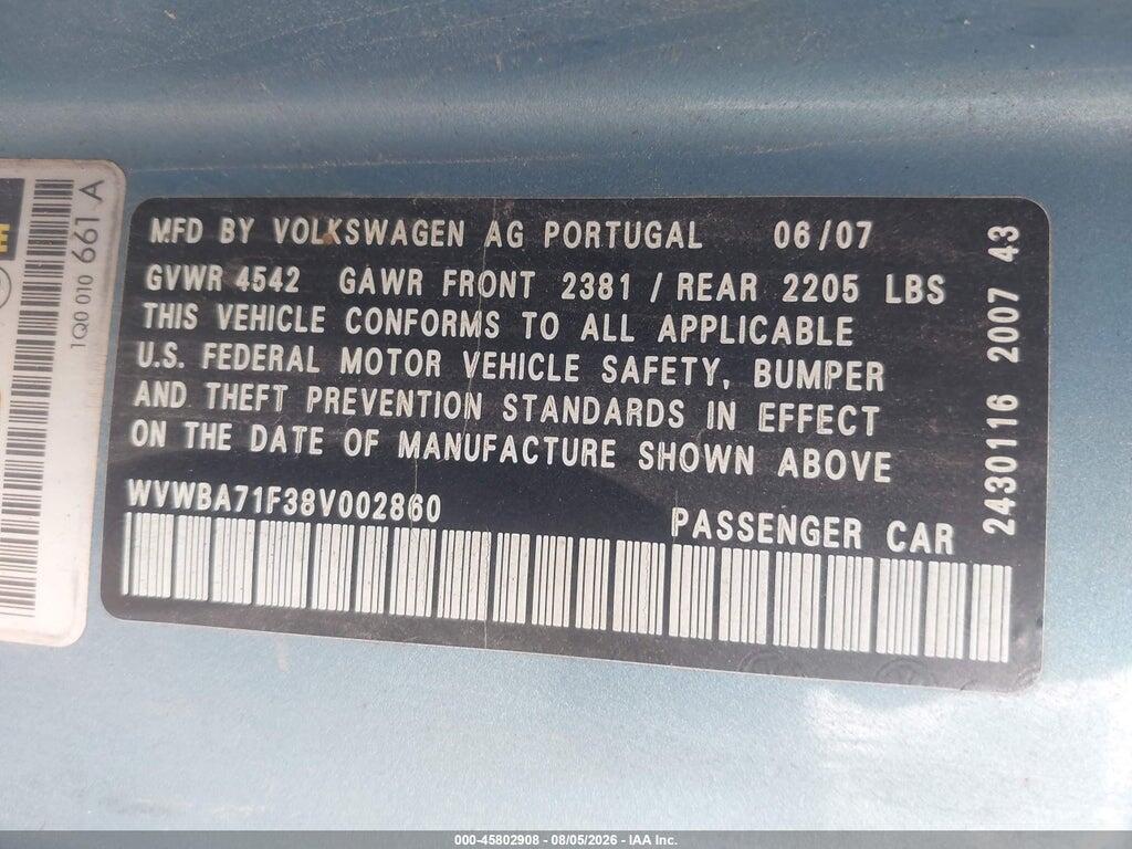 WVWBA71F38V002860 2008 VOLKSWAGEN EOS photo no. 9