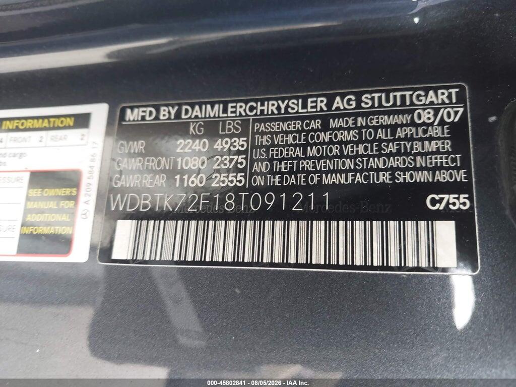 WDBTK72F18T091211 2008 MERCEDES-BENZ CLK 550 photo no. 9