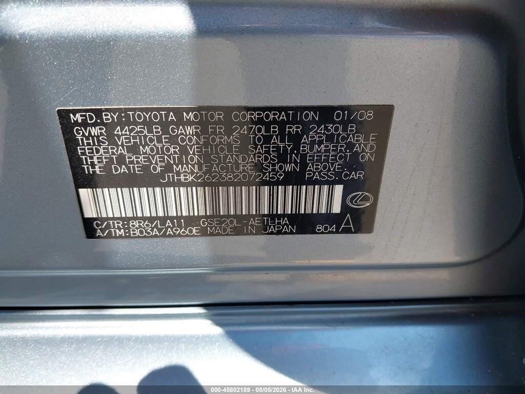 JTHBK262382072459 2008 LEXUS IS 250 photo no. 9