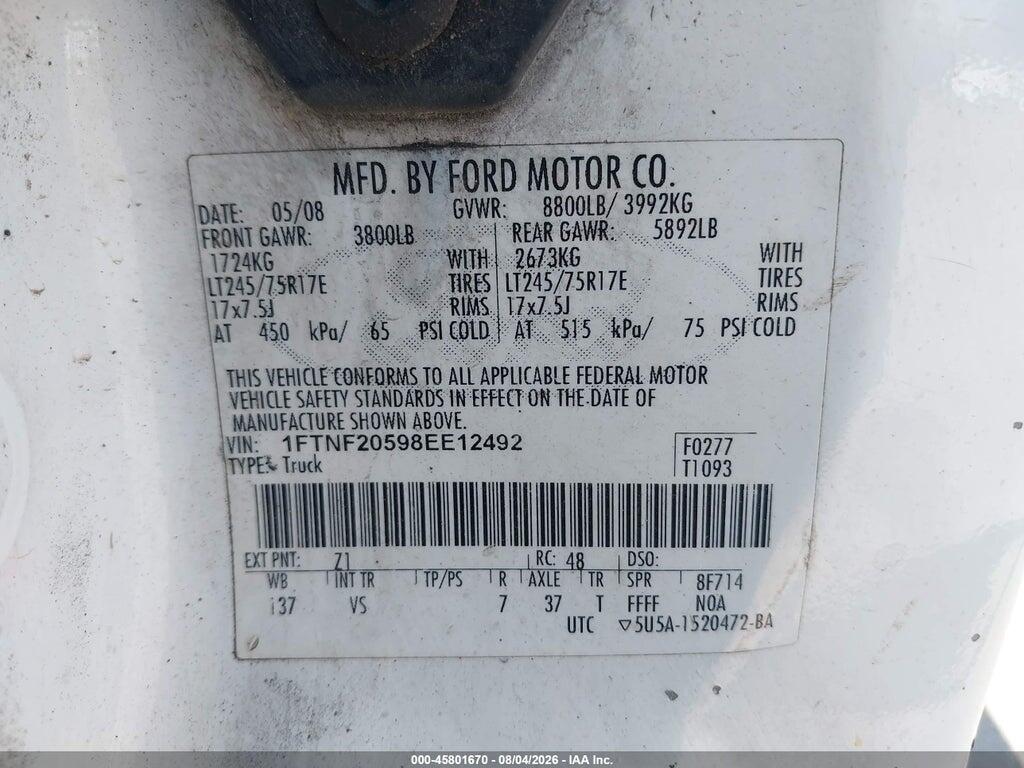 1FTNF20598EE12492 2008 FORD SUPER DUTY F-250 SRW photo no. 9