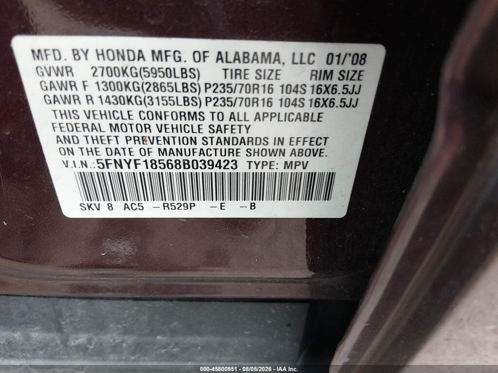 5FNYF18568B039423 2008 HONDA PILOT photo no. 9