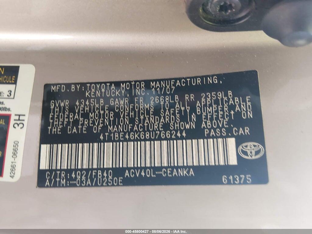 4T1BE46K68U766244 2008 TOYOTA CAMRY photo no. 9
