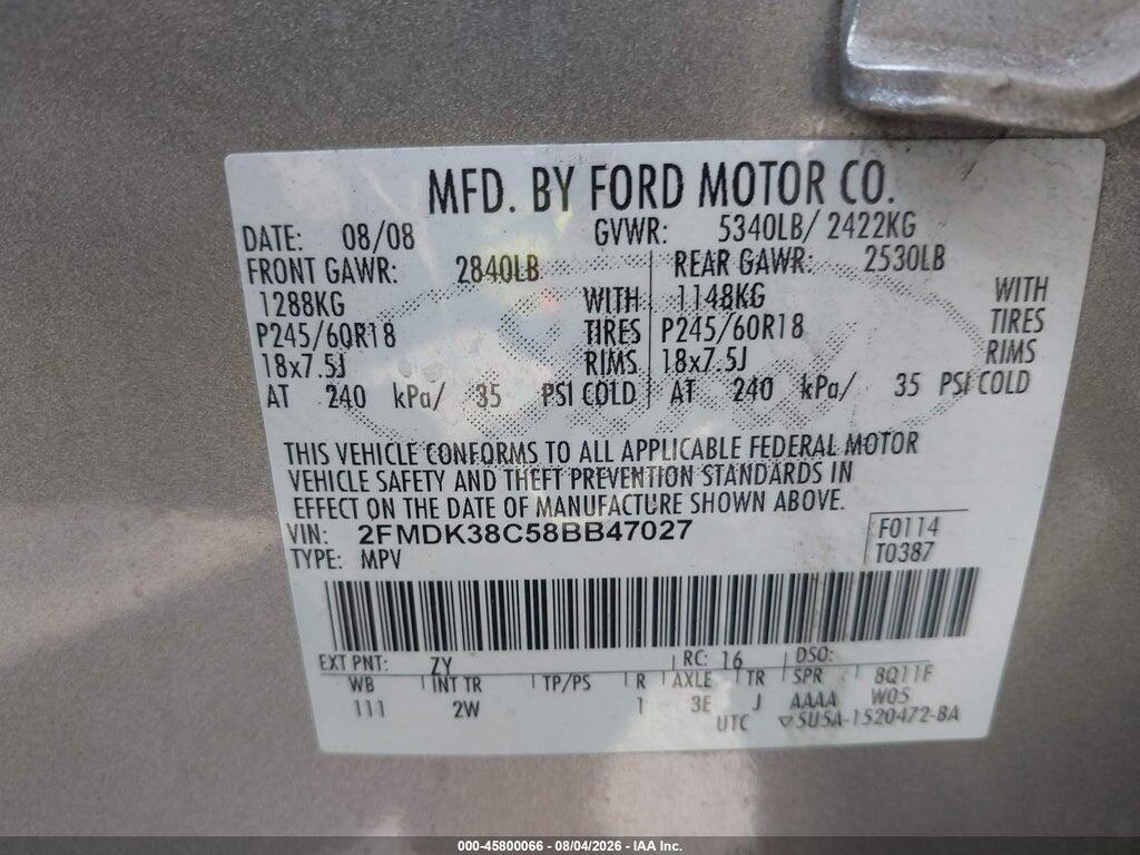 2FMDK38C58BB47027 2008 FORD EDGE photo no. 9