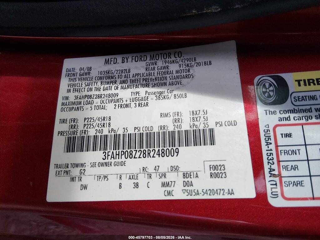 3FAHP08Z28R248009 2008 FORD FUSION photo no. 9