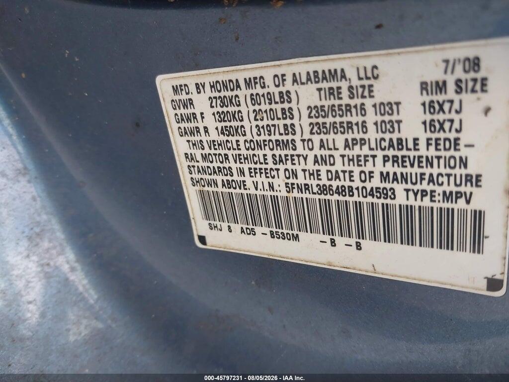 5FNRL38648B104593 2008 HONDA ODYSSEY photo no. 9