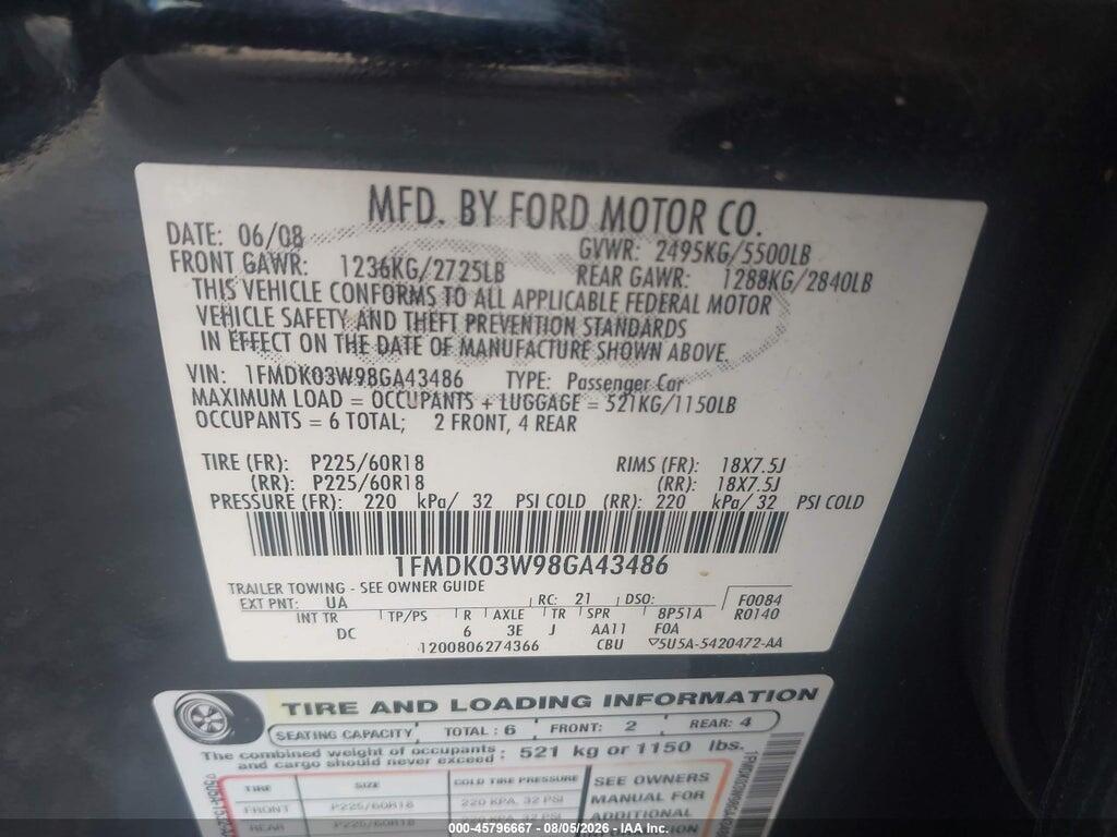 1FMDK03W98GA43486 2008 FORD TAURUS X photo no. 9
