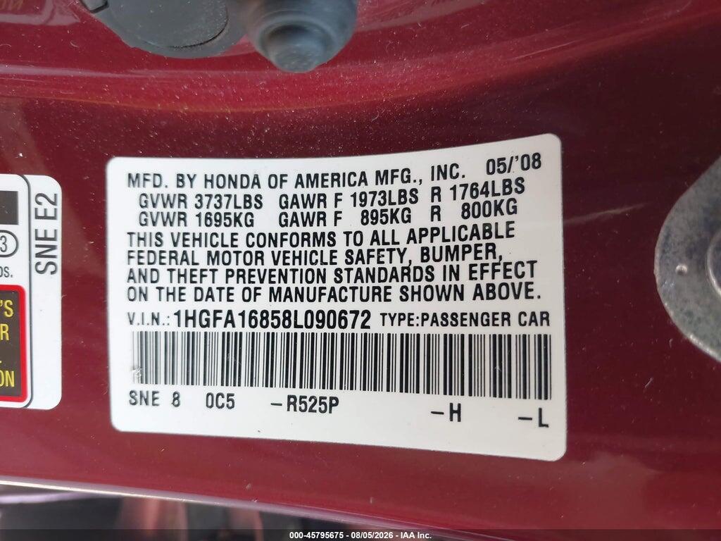 1HGFA16858L090672 2008 HONDA CIVIC photo no. 9