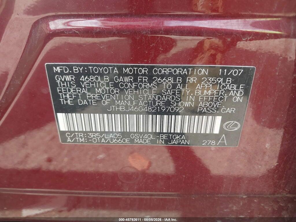 JTHBJ46G482197092 2008 LEXUS ES 350 photo no. 9