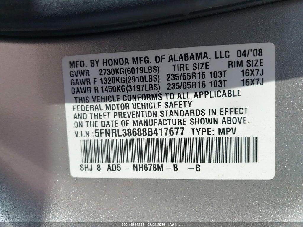 5FNRL38688B417677 2008 HONDA ODYSSEY photo no. 9