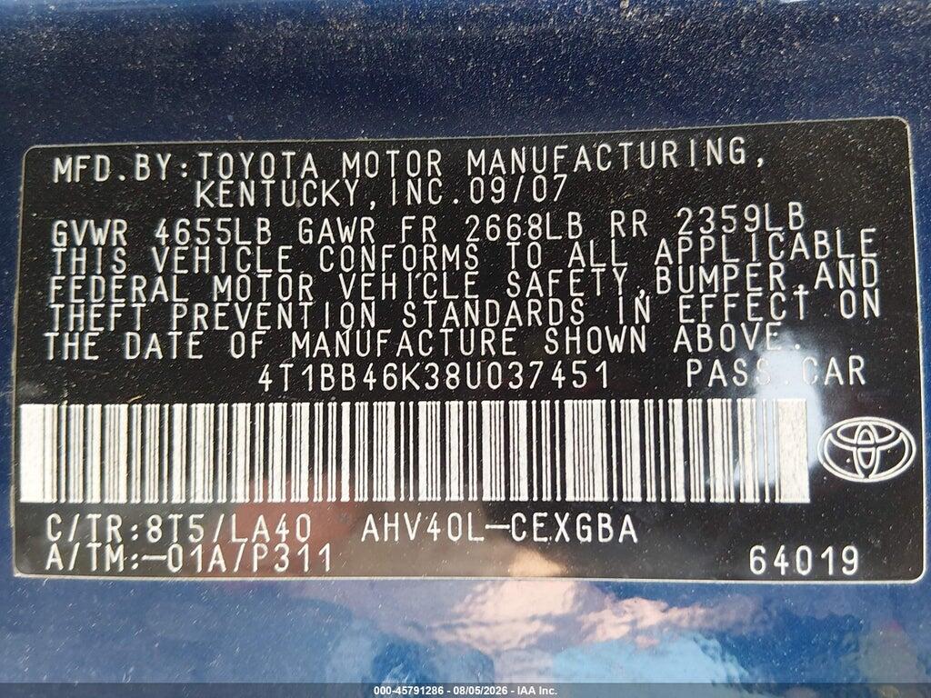 4T1BB46K38U037451 2008 TOYOTA CAMRY HYBRID photo no. 9