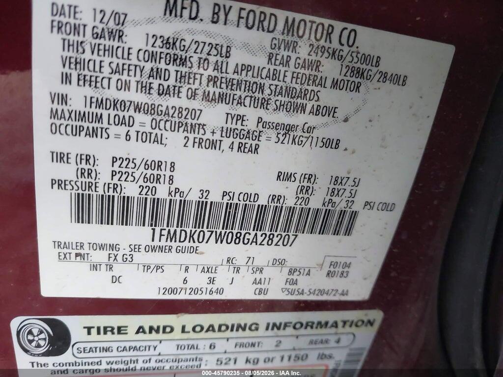 1FMDK07W08GA28207 2008 FORD TAURUS X photo no. 9