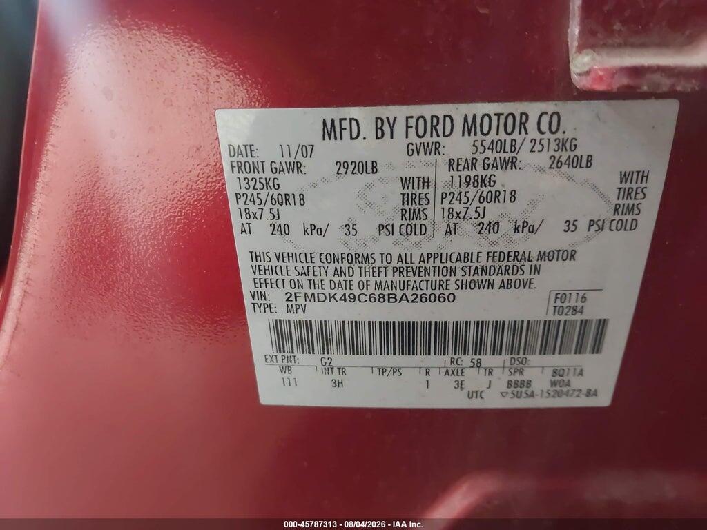 2FMDK49C68BA26060 2008 FORD EDGE photo no. 9