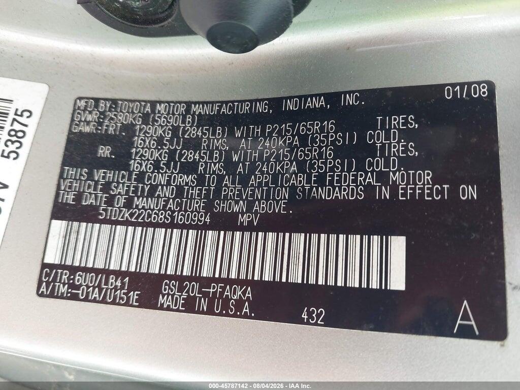 5TDZK22C68S160994 2008 TOYOTA SIENNA photo no. 9