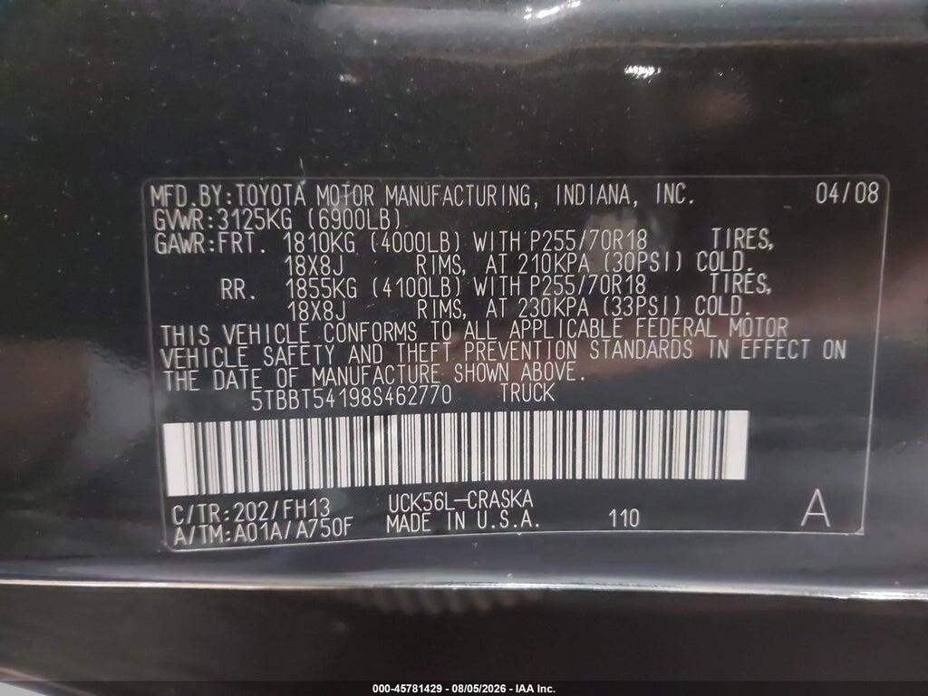 5TBBT54198S462770 2008 TOYOTA TUNDRA photo no. 9