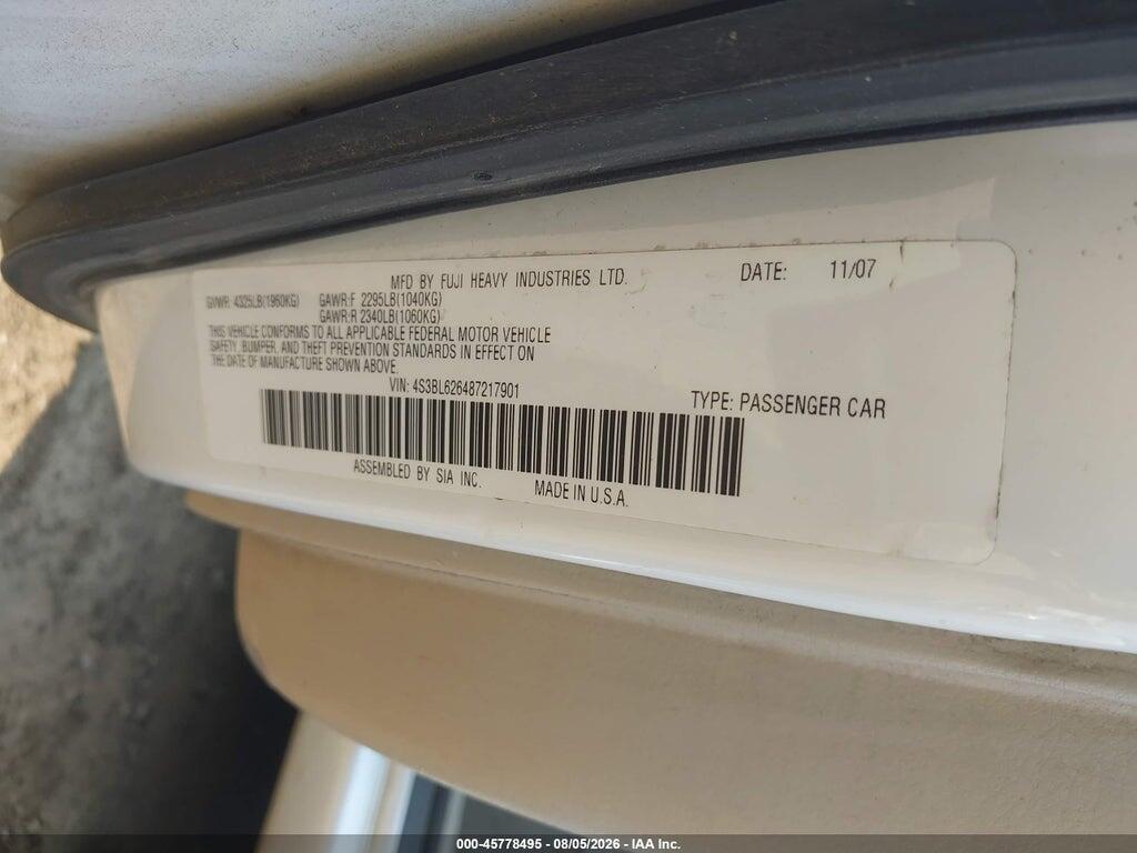 4S3BL626487217901 2008 SUBARU LEGACY photo no. 9