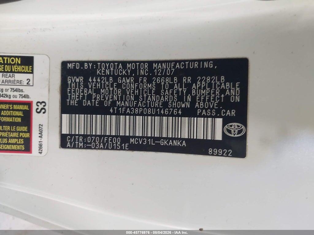 4T1FA38P08U146764 2008 TOYOTA CAMRY SOLARA photo no. 9