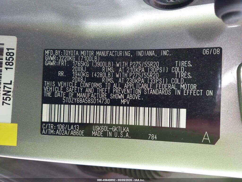 5TDZY68A58S014730 2008 TOYOTA SEQUOIA photo no. 9