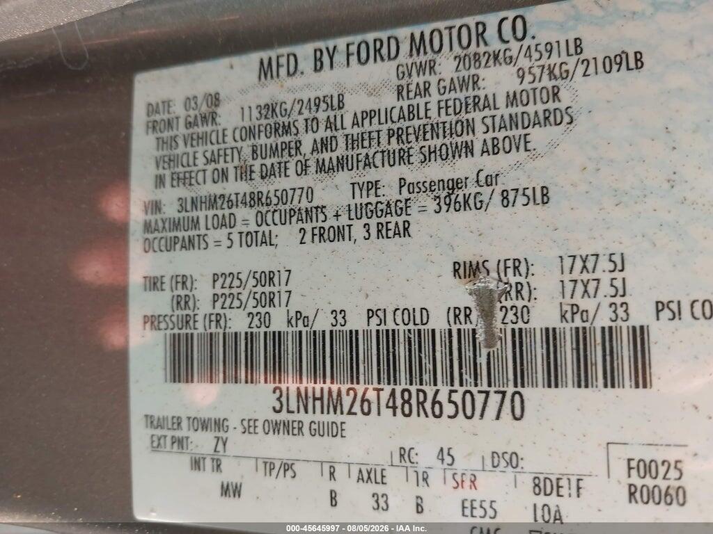 3LNHM26T48R650770 2008 LINCOLN MKZ photo no. 9