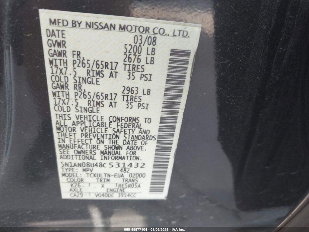 5N1AN08U48C531432 2008 NISSAN XTERRA photo no. 9
