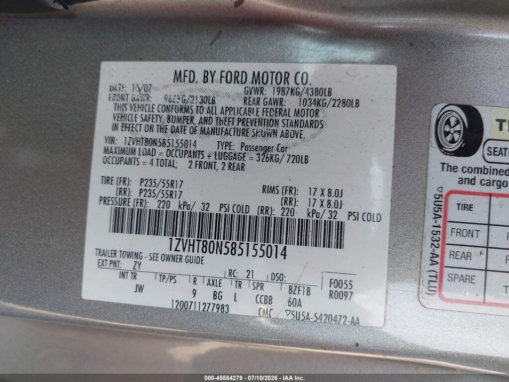 1ZVHT80N585155014 2008 FORD MUSTANG photo no. 9