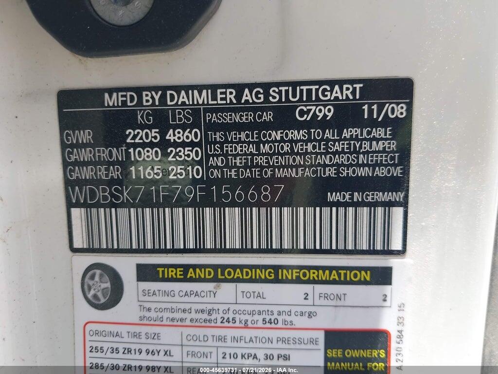 WDBSK71F79F156687 2009 MERCEDES-BENZ SL 550 photo no. 9