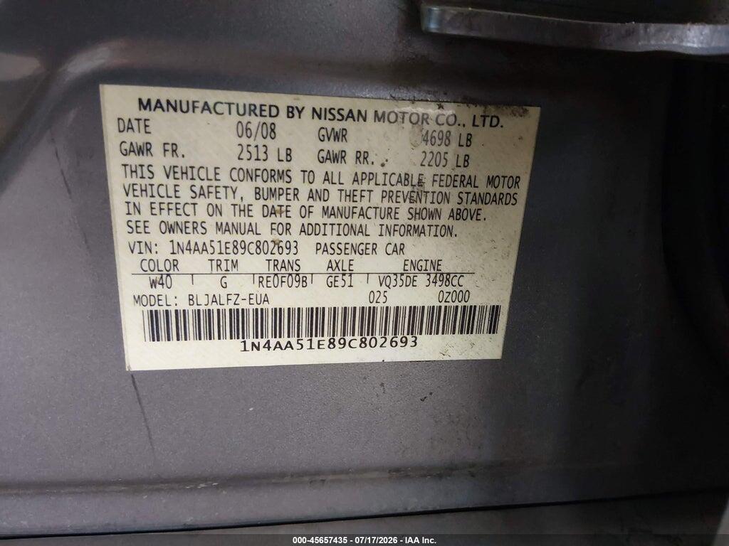 1N4AA51E89C802693 2009 NISSAN MAXIMA photo no. 9