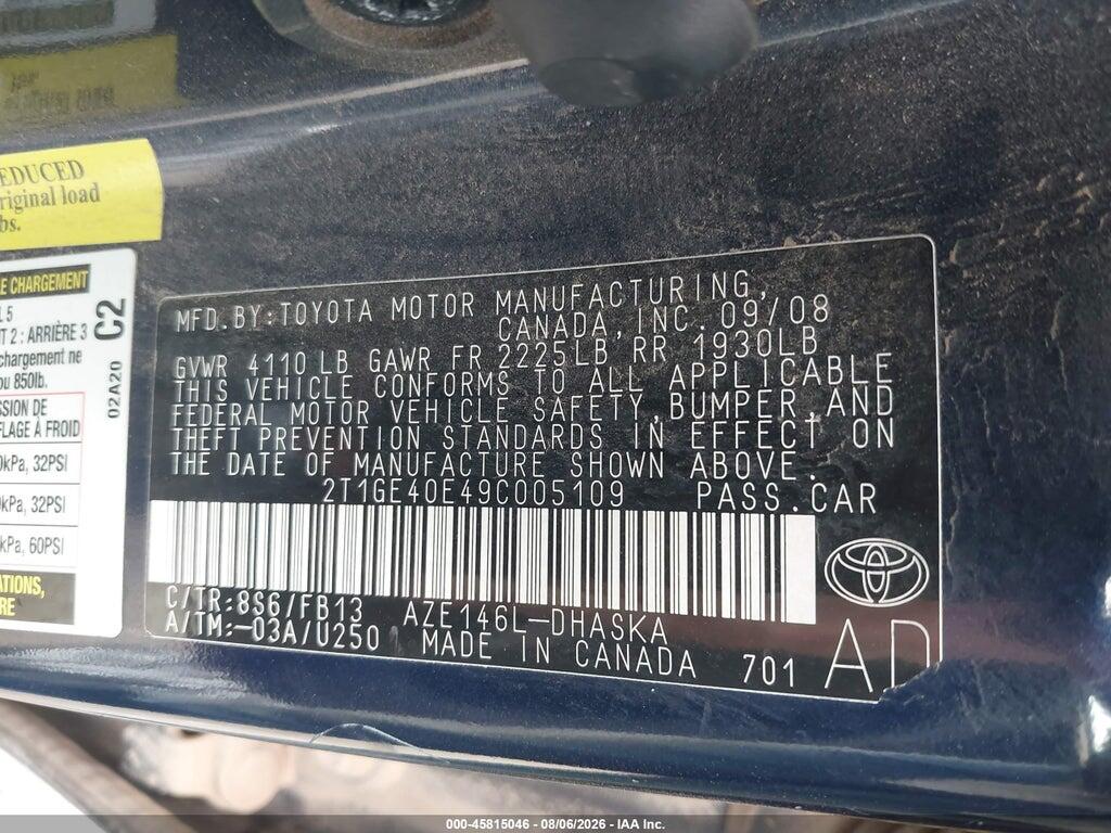 2T1GE40E49C005109 2009 TOYOTA MATRIX photo no. 9