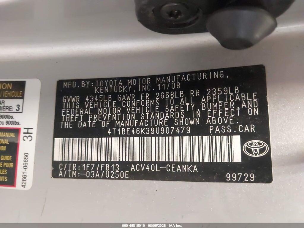 4T1BE46K39U907479 2009 TOYOTA CAMRY photo no. 9